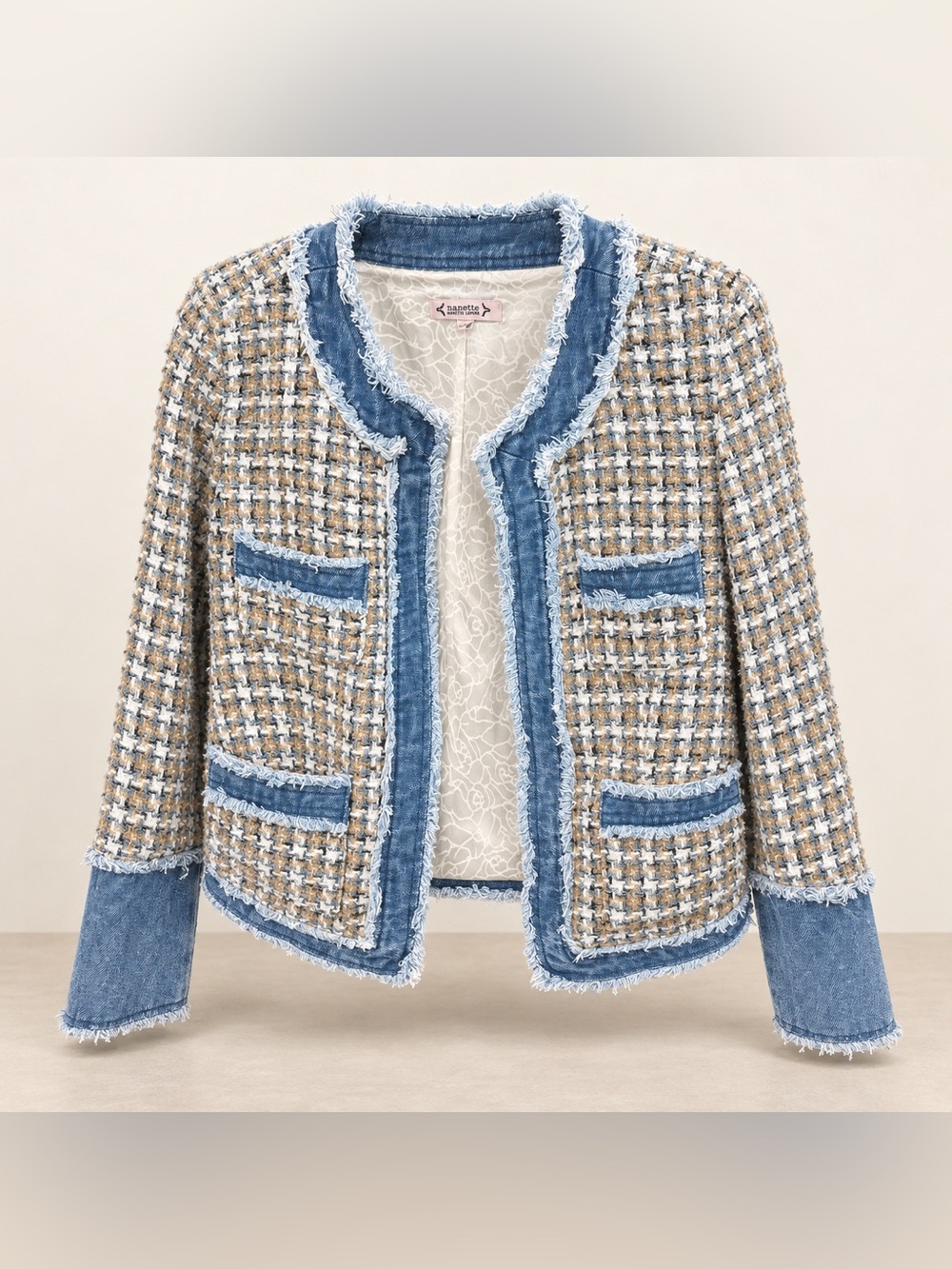Nanette Lepore Women’s S Bouclé Tweed Denim Trim Fringed Jacket